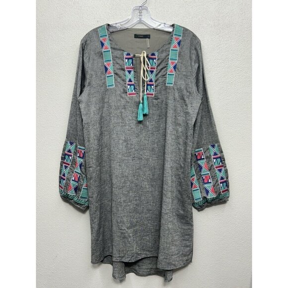 THML Dresses & Skirts - THML Dress large Grey Embroidered Aztec Boho Long Sleeve Tribal Western